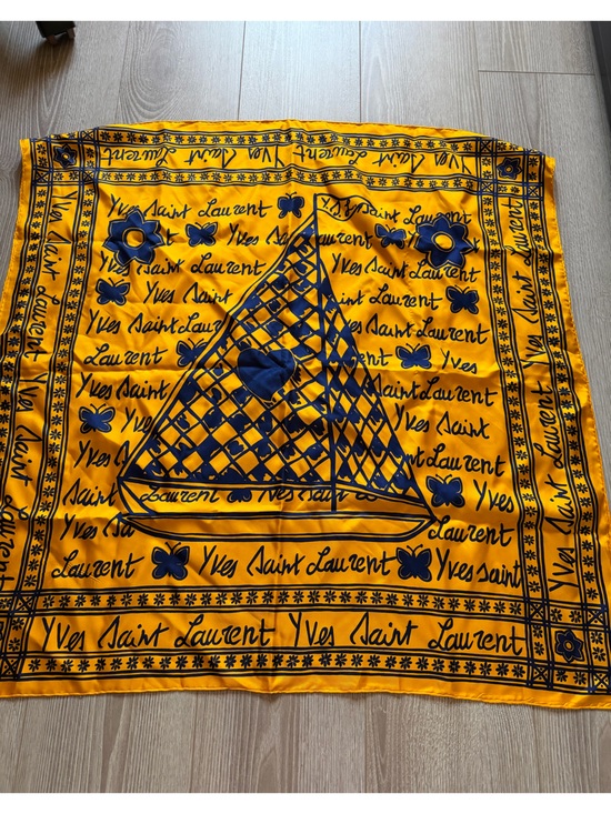 Yves Saint Laurent Accessories - Vintage Yves Saint Laurent Silk Scarf Yellow and Cobalt sailboat heart butterfly